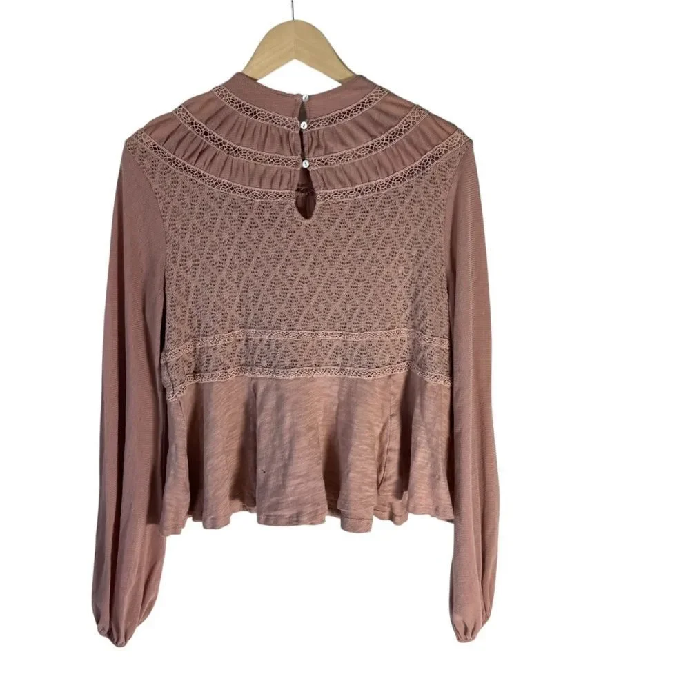 Free People English Rose Dusty Mauve Bishop Sleeve‎ Peplum Top Sz M